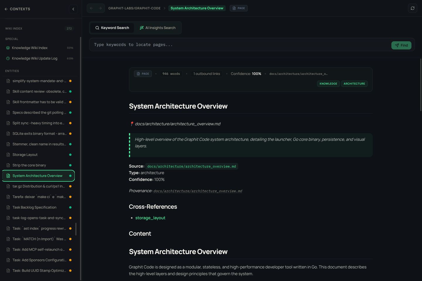 Graphit Knowledge Explorer showing the graphit-code architecture documentation